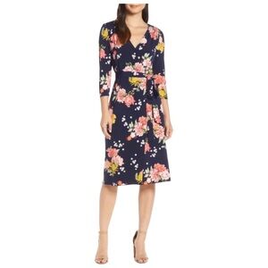 Eliza J  Women’s Navy Floral Knee Length‎ Belted Faux Wrap Dress V-Neck Size 18W